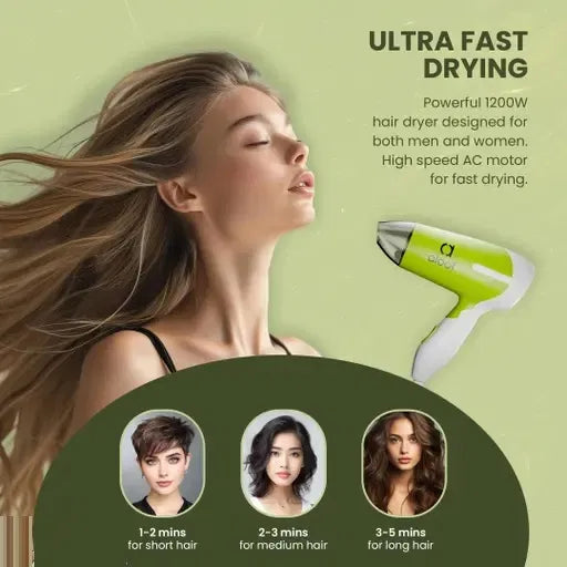 KS-2888 Lime Green Hair Dryer With 1200W Super Charge Motor, Transparent Nozzle And 2 Speed Modes (1200W, Lime Green)